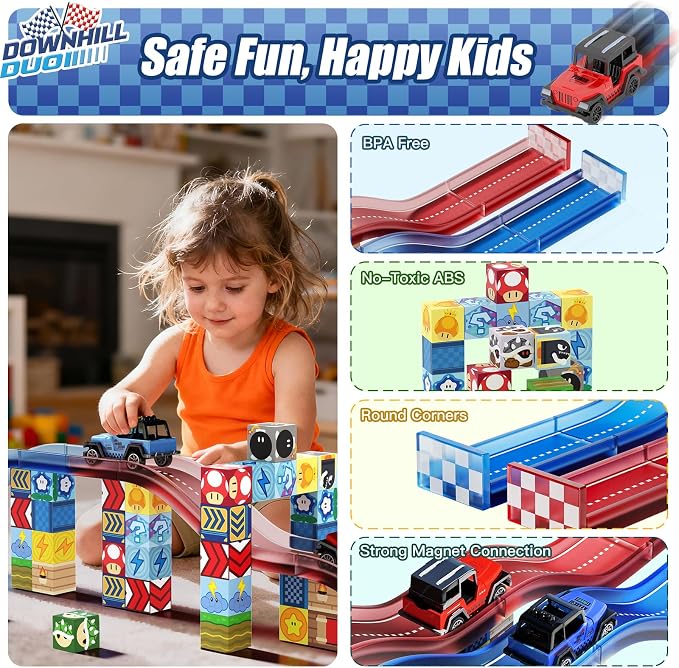 Magnetic Tiles Race Track Set, 52PCS STEM Educational | With 2 Race Cars, Montessori Sensory Travel Toys for Kids 3 4 5 6 7 8, Birthday & Holiday Gift for Boys & Girls