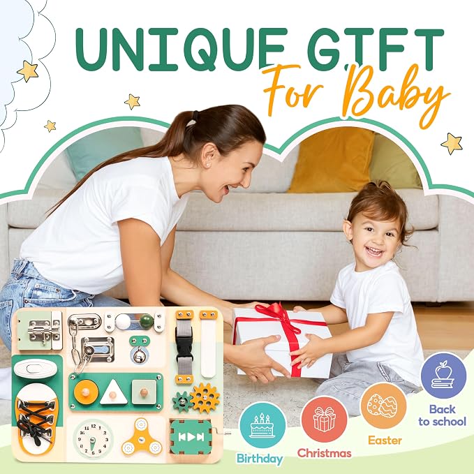 Montessori Busy Board for Baby & Toddlers 1-3 | Wooden Sensory Activity Board with 13 Activities, Real Metal Locks & Latches | Fine Motor Skills Educational Toy for 1 2 3 Year Old