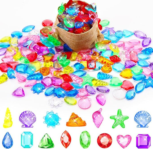 150 Pcs Diving Gems Pool Toys Acrylic Diamond Pirate Treasure | Colorful Plastic Gemstones, Fake Jewels with Burlap Bag, Vase Filler, Summer Mermaid Bath Toys, Beach Underwater Party Games