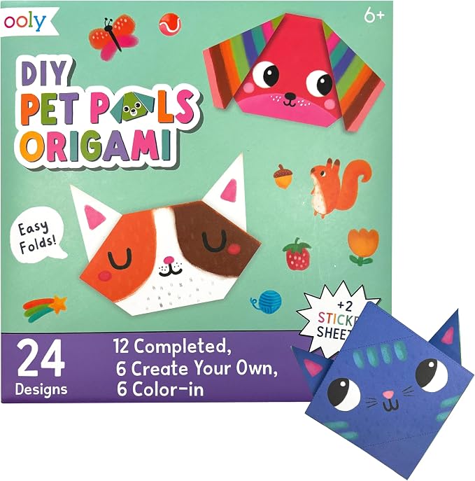 Ooly DIY Paper Origami Kit, 24 Animal Designs & Stickers | Ages 6+, Includes 12 Completed, 6 Blank, and 6 Coloring Folding Pet Origami Designs, Fun Screen-Free Craft Activity for Kids