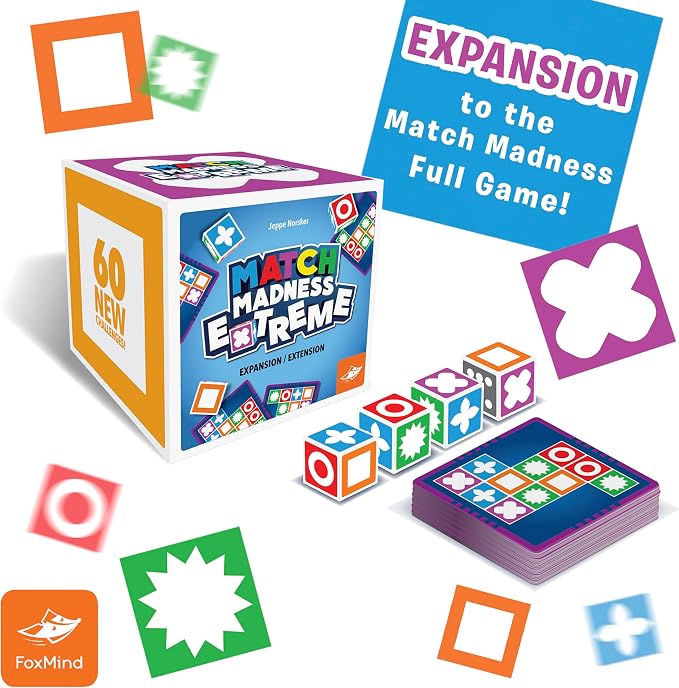 FoxMind Games: Expansion Pack -Match Madness Extreme Used with Original Match Madness Pattern Matching Puzzle Game, 60 New Challenge Cards, Fast-Paced up to 4 Players, Ages 7 and up