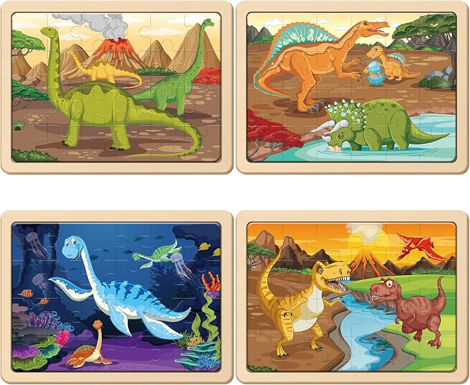 SYNARRY Large Dinosaur Wooden Puzzles for Kids Ages 4-6, 4-in-1 Gift Set | Dinosaur Puzzles for Toddlers & Kids Ages 3-5, Birthday Gifts for Boys & Girls, Educational Dinosaur Toys, Screen-Free Play