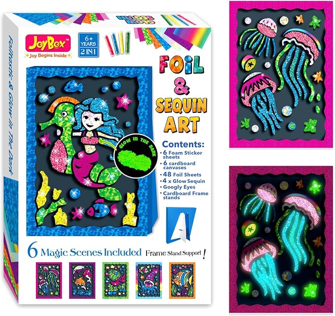 JoyBox Foil Fun–DIYKids Paper Foil Art Craft Kit for&Travel Screen-Free Fun | Birthday Party Gifts for Ages 4-9 and Up,Art Travel Toys for Boys Girls mermaid themes! includes glow‑in‑the‑dark sequins