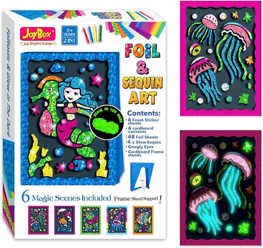 JoyBox Foil Fun–DIYKids Paper Foil Art Craft Kit for&Travel Screen-Free Fun | Birthday Party Gifts for Ages 4-9 and Up,Art Travel Toys for Boys Girls mermaid themes! includes glow‑in‑the‑dark sequins