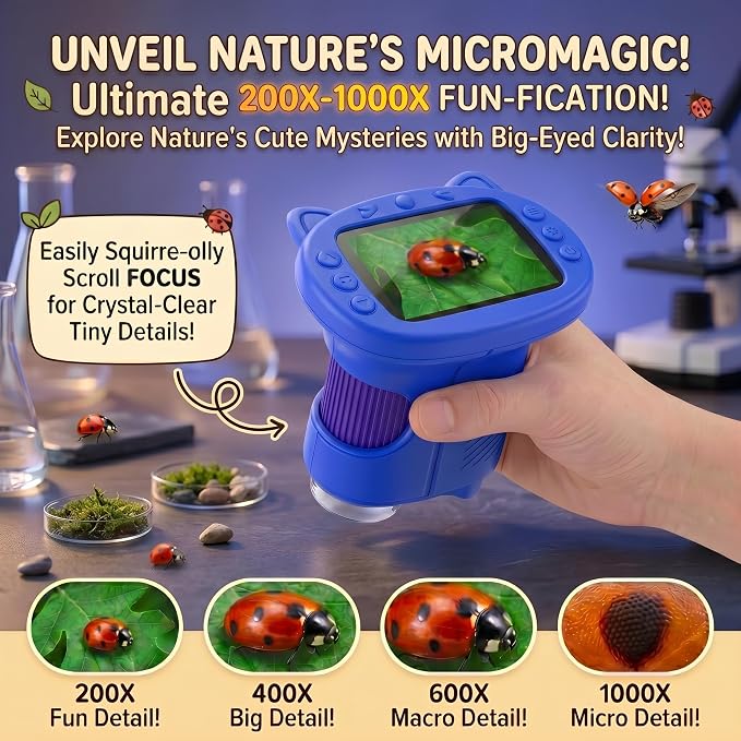 Kids Microscope, 1000X Handheld Digital Pocket Microscope with 2.4" IPS Screen & 8 LEDs, Rechargeable STEM Educational Science Toy for Outdoor Exploration, Gift for Boys Girls Age 4-12, Blue