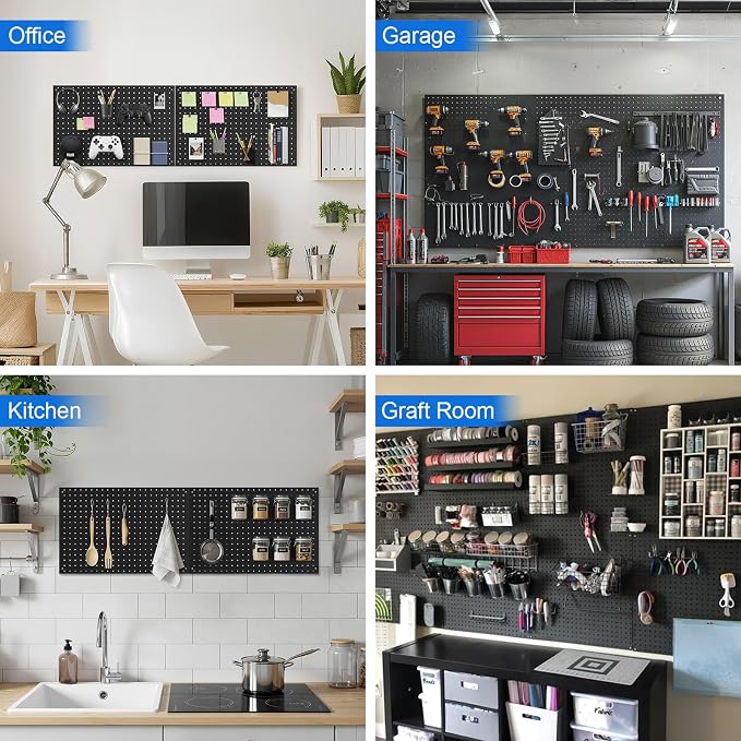Peg Board, 3 Pack Metal Pegboard Panels Black Pegboards Wall Organizer with Frame Large Heavy Duty Peg Board with Hooks for Walls Home, Garage Tool Storage, Office, Craft Room, Kitchen 24”×16”