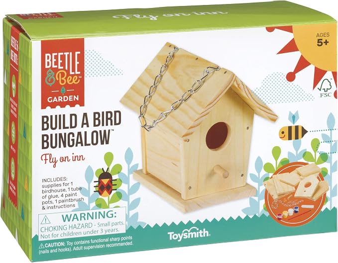 Beetle & Bee Build A Bird Bungalow - DIY Kid Art Craft Outdoor Birdhouse Kit, House Painting Kit for Kids, Hardware Glue Included- 4 Paints, 1 Brush, 7 Wooden Pcs, Chain For Tree Hanging Age 5+ | Includes Paints, Brush, Glue, Nails, Chain, Instructions...