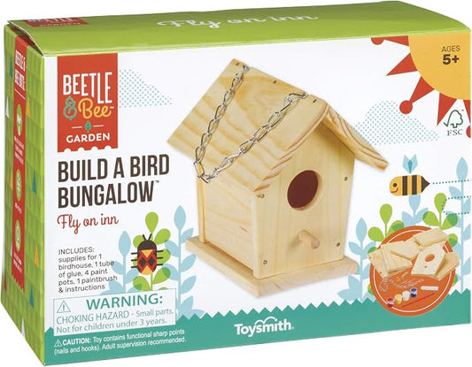Beetle & Bee Build A Bird Bungalow - DIY Kid Art Craft Outdoor Birdhouse Kit, House Painting Kit for Kids, Hardware Glue Included- 4 Paints, 1 Brush, 7 Wooden Pcs, Chain For Tree Hanging Age 5+ | Includes Paints, Brush, Glue, Nails, Chain, Instructions...