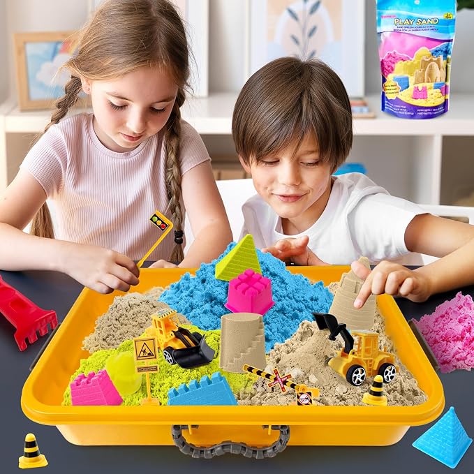 ESSENSON Sensory Bin Play Sand Kit for Kids, 4lbs Magical Sand | Construction Set Toy Truck, Pretend Play Beach Toy, Sandbox