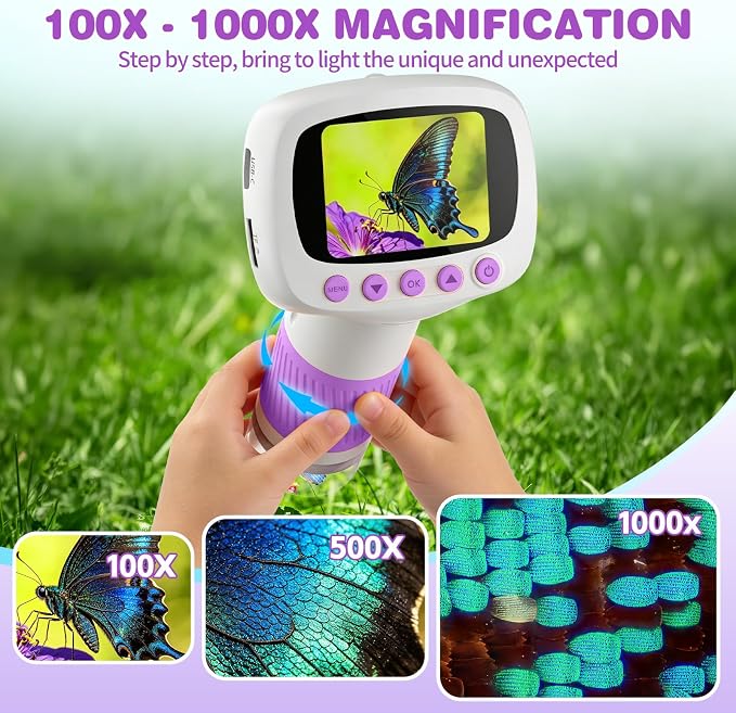 Pocket Kids Microscope for Over 3 Years Old, 1000X Handheld Microscope for Kids w/2''IPS Digital, Photo Video Mini Portable Microscopes, Science Edu Digiscope,Christmas Birthday Gifts for Kids