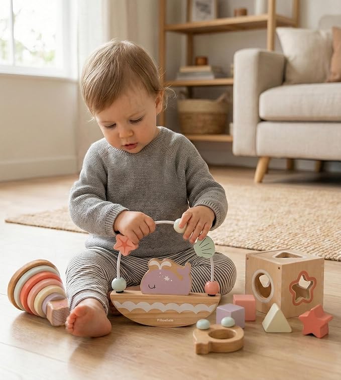 Pillowhale Montessori Wooden Toys Set for Toddlers 12M+ 4-in-1 Educational Toy with Stacking Rings, Shape Sorter, Bead Maze & Baby Car