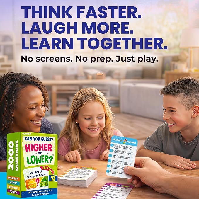 QUOKKA Trivia Board Games for Kids and Adults – 4xSET Family Board Games for Game Night – Higher or Lower Trivia Cards for Kids 8-12 - Challenge History, Science, Geography & More for Families & Teens