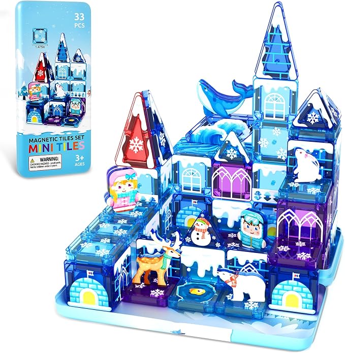33PCS Mini Magnetic Tiles - Arctic Animals Theme Toddler Travel Essentials Set with Case, Magnetic Building Blocks Kids Games Montessori Preschool Sensory Toys for 3+ Year Old Boys Girls Gifts