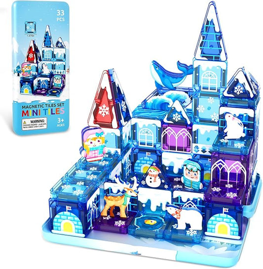 33PCS Mini Magnetic Tiles - Arctic Animals Theme Toddler Travel Essentials Set with Case, Magnetic Building Blocks Kids Games Montessori Preschool Sensory Toys for 3+ Year Old Boys Girls Gifts