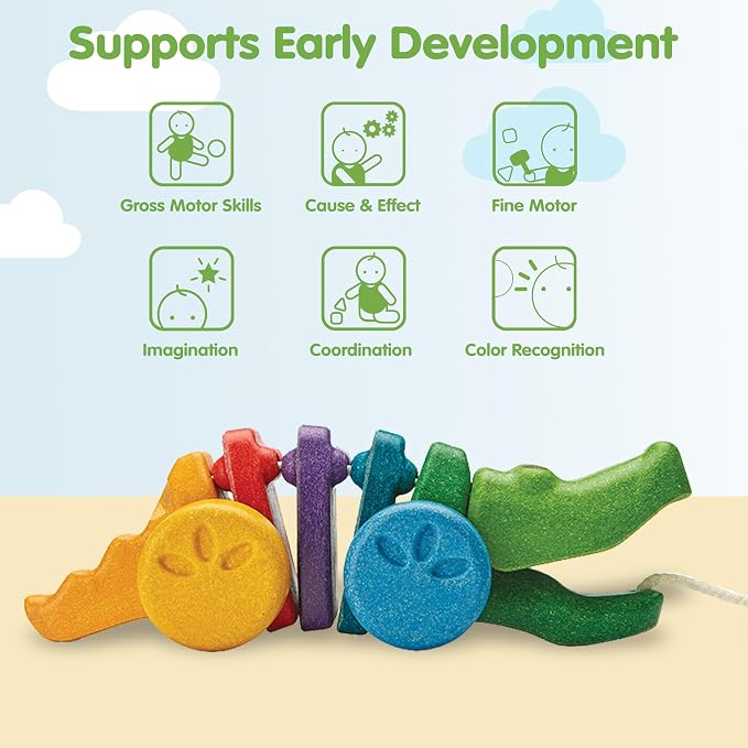 PlanToys® Rainbow Dancing Alligator Pull Toy for Toddlers | Eco-Friendly Wooden Toy with Click-Clack Sound | Walking Toy for Babies | click-clack sound, toddler pull toys, animal design, girls, boys, gross motor cause & effect learning gift idea for kids