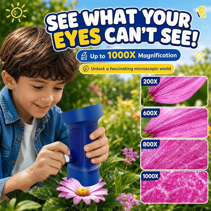 1000X Handheld Digital Microscope for Kids: Explorer 1080P Magnifying Glass | 2.4” IPS Portable Electronic STEM Outdoor Montessori Learning Toy, Birthday Gifts for 4 5 6 7 8-12 Year Old Boys Girls