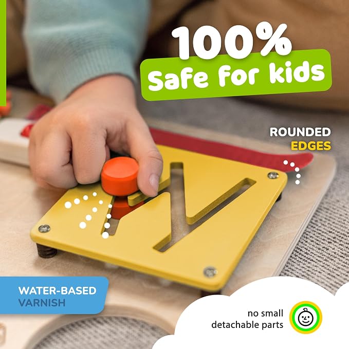 Montessori Busy Board, Premium Wooden Sensory Toy | Busy Board for 3 Year Old with 10 Educational Activities for Fine Motor Skills, Travel Toy