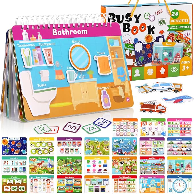 Fuutreo Montessori Busy Book for Toddlers 24 Themes Preschool Learning Binder with Stickers, Cognitive and Sensory Activities for Kids Ages 2-4 Educational Gift for Boys Girls with Gift Box Packaging