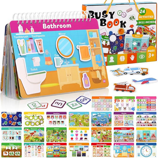 Fuutreo Montessori Busy Book for Toddlers 24 Themes Preschool Learning Binder with Stickers, Cognitive and Sensory Activities for Kids Ages 2-4 Educational Gift for Boys Girls with Gift Box Packaging