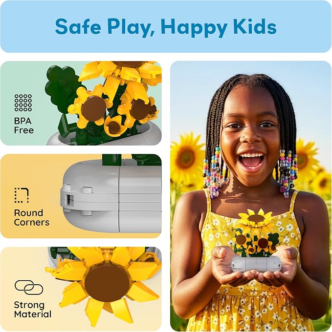 PicassoTiles 130pc STEM Sunflower Building Brick Block Set with Vase Flower Craft Toy for Kids Ages 3+ Educational Learning and Creative Activity Construction Room Decor Gift for Boys and Girls PBS22