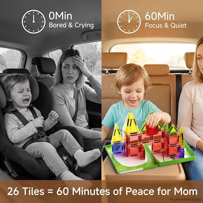 Travel Magnetic Tiles for Kids Car Games Road Trip Essentials | 26 PCS Mini Magnet Building Blocks in Tin Box to Stop Crying - 0.64 lb Pocket Size Educational Toy- Boys Girls Age 3-8