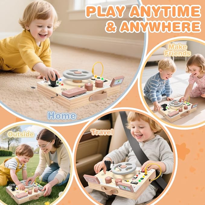 Joyreal Montessori Toddler Busy Board - Montessori Toys for 1 2 3 Years Old | Wooden Sensory Board with LED Lights, Steering Wheel, Music Player, Travel Toys for 1+ Year Old Boy & Girl Birthday Gift