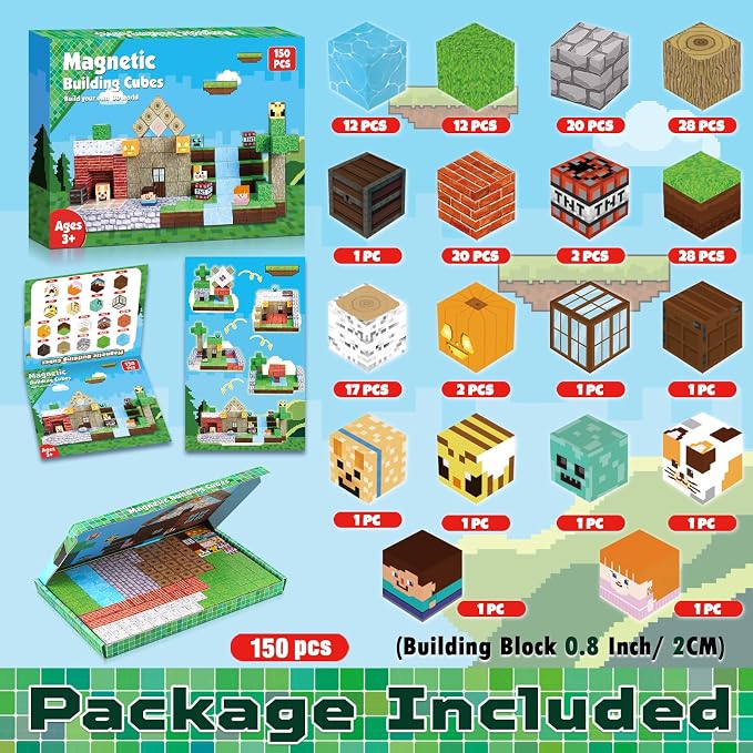 150PCS Magnetic Blocks-Magnetic Building Blocks Magnetic Tiles Stacking, Build Mine Magnet World Set, STEM Montessori Sensory Toys for Toddlers Kids Boys Girls Ages 3-5 6-8 Christmas Birthday Gifts