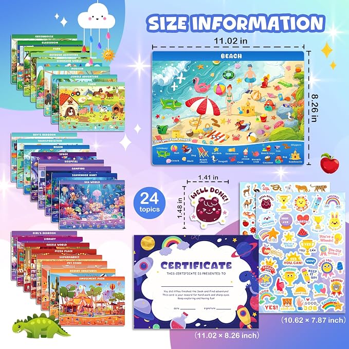 Search and Find Books for Kids Ages 3-5; Road Trip Activities for Ages 4-8, 24 Themes Activity Book with 2 Dry Erase Markers