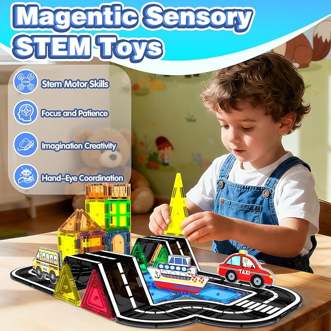 Magnetic Tiles Road Set 100Pcs- Magnetic Building Blocks for Kids Ages 3-5 and 4-8, Preschool STEM Sensory Toys for Kids 3-5, Educational Construction Gift for Boys & Girls Birthday Christmas