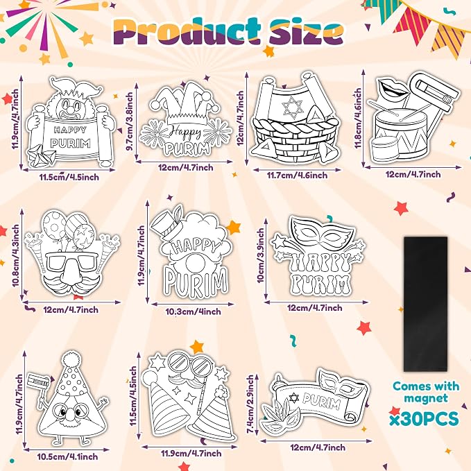 Purim Coloring Craft Kit - 30Pcs Happy Purim Color Your Own Magnets for Kids Blank DIY Coloring Fridge Magnets for Jewish Purim Carnival Holiday Party Supplies School Classroom Activities Decor