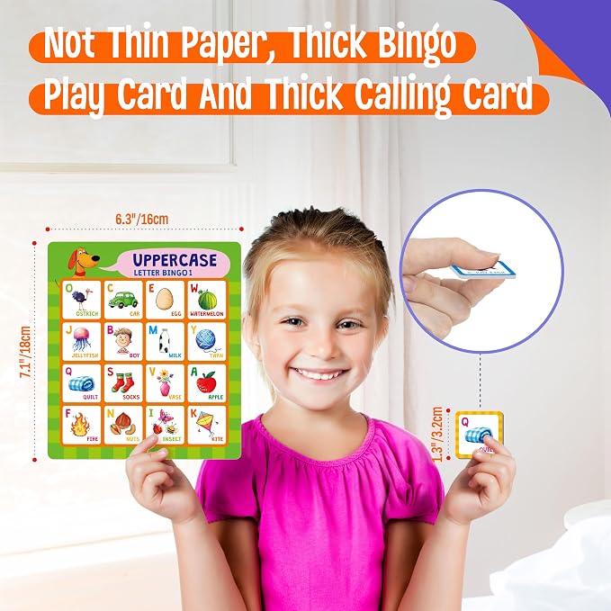 SpriteGru Alphabet Bingo Game, Uppercase/Lowercase/First Words Bingo Educational ABC Letter Learning Board Game for Kindergarten and Preschool Kids Aged 4+, Perfect for Classroom & At Home