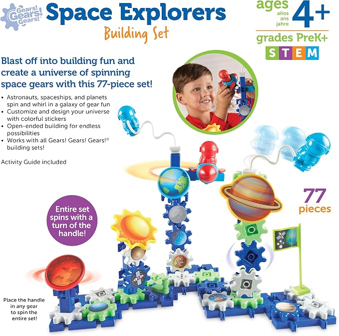 Learning Resources Gears! Gears! Gears! Space Explorers Building Set - 77 Pieces, Ages 4+, STEM Activities, Fine Motor Skills, Toddler Explorer Kit, Science and Construction, Boys and Girls Gifts