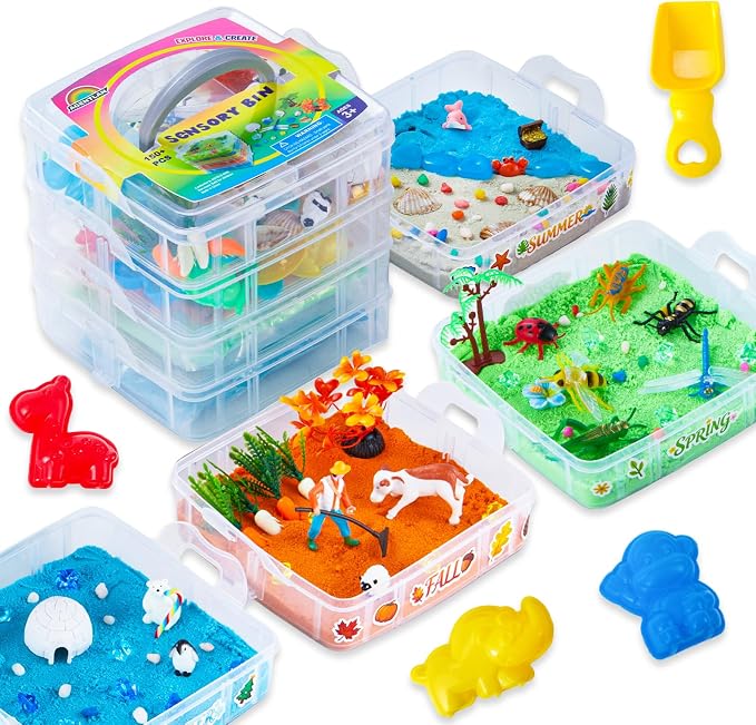 AGENTLAN Seasons Stackable Sensory Bin, Mini Sandbox for Boys and Girls | Spring,summer, fall, winter, sensory toys with sensory sand, gift for toddlers ages 3 4 5 6 7 8+