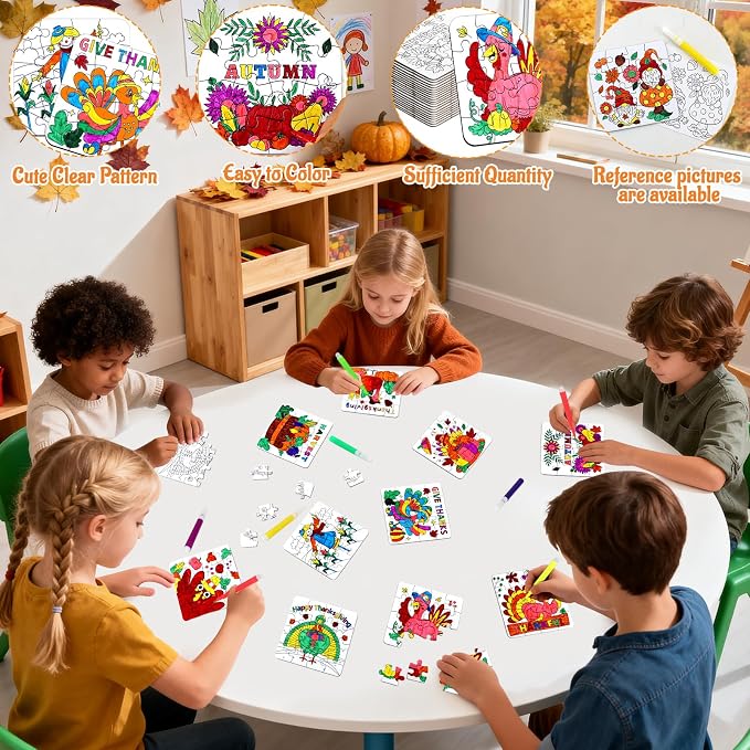 Fall Thanksgiving Crafts for Kids, Autumn Activity Art DIY Kit Blank Puzzle | 24 Set Thanksgiving Jigsaw Pumpkin Turkey for Friendsgiving Party Favors Classroom Gift Coloring Game Toy Supplies Bulk