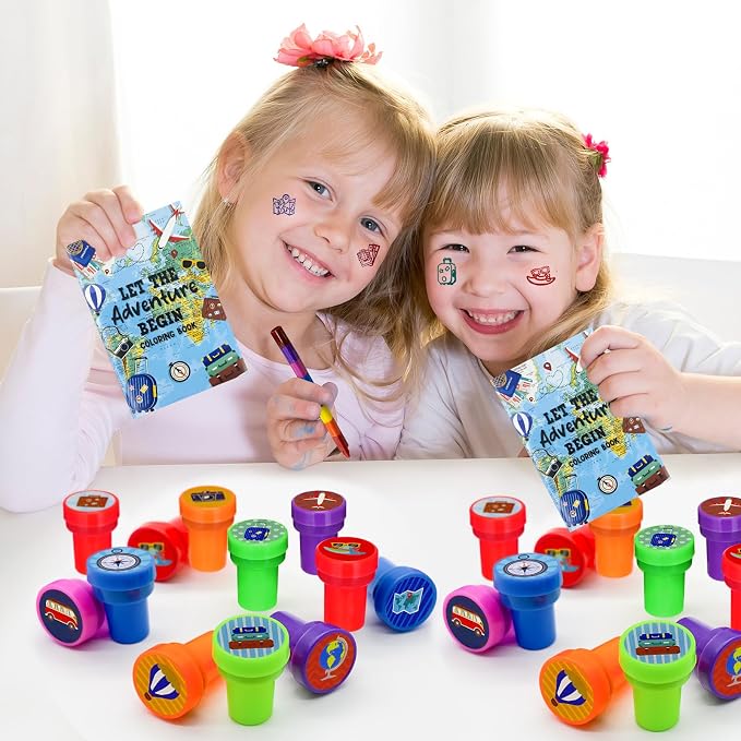 Cinrobiye 24 Pcs Adventure Travel Stampers Party Favor Set Fun Bon Voyage Stamps Birthday Party Supplies Classroom Rewards Carnival Prizes Goody Bag Fillers Pinata Filler Travel Party Gift Set