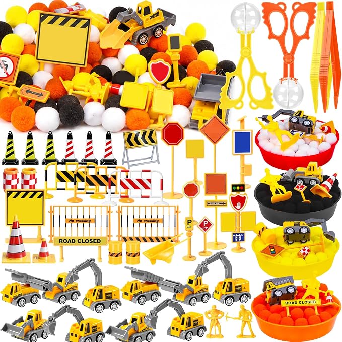 260Pcs Construction Sensory Bin Filler Construction Fine Motor Sensory Bin Items Pom Poms Vehicles Road Signs Worker Figures for Summer Counting Sorting Training Decor