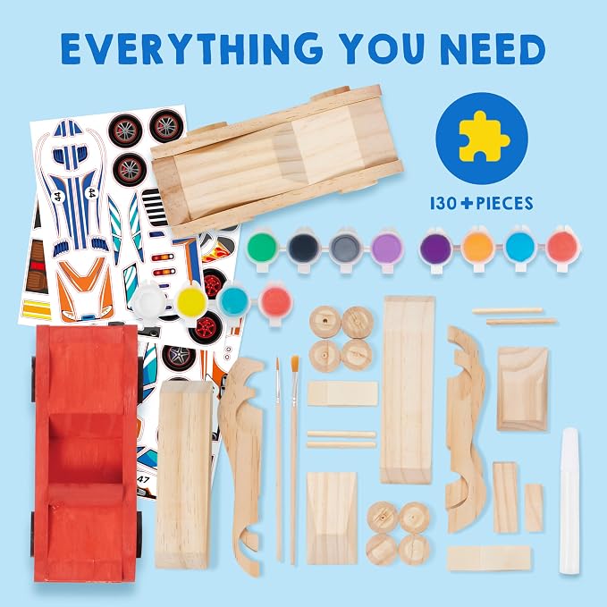 Klever Kits 4 DIY Wooden Race Cars-Build & Paint Your Own Wood Craft Kit, 4 Race Cars Toy, Easy to Assemble Arts Crafts Kit, Birthday Party Presents for Kids Boys and Girls (Pack of 3)