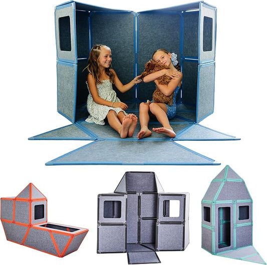 Superspace Giant Magnetic Fort Building Panels - The Big Set, Blue, 24 Panels, Life-Size Magnetic Tiles Kids, Build Forts Castles Rockets, STEM Toy Ages 3-10+, Eco-Felt, Indoor & Outdoor