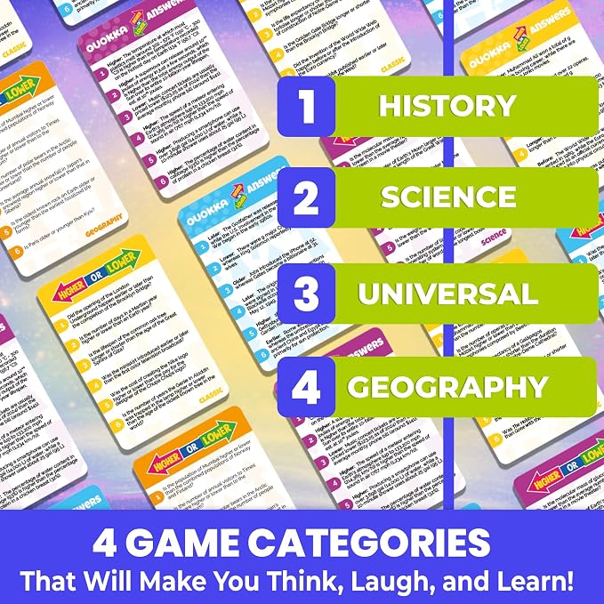 QUOKKA Trivia Board Games for Kids and Adults – 4xSET Family Board Games for Game Night – Higher or Lower Trivia Cards for Kids 8-12 - Challenge History, Science, Geography & More for Families & Teens