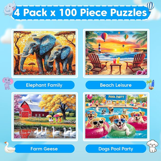 Puzzles for Kids Ages 6-8 8-10 Year Old - Elephants, Farm, Beach, Dogs, Large Piece Puzzles for Seniors Adults 100 Pieces Jigsaw Puzzle for Kids Ages 4-6, Learning Educational Toys