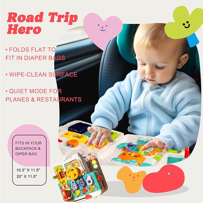 Busy Board for Babies 6-12 Months, 54-in-1 Musical Travel Board | Portable Activity Board with Lights & Music, Fine Motor Skills, Sensory Travel Toys for Airplane Cars, Gift for Boys Girls