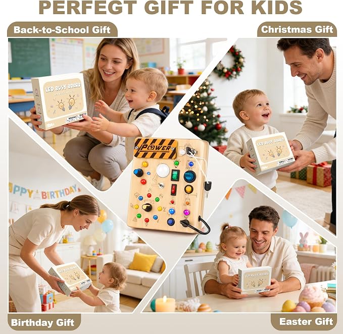 LED Busy Board for Toddlers - Montessori Sensory Toys for 1 2 3 Years Old | 10 Switches & 19 LED Lights, Wooden Activity Board for Fine Motor Skills, Screen-Free Travel Toy, Birthday Gift for Kids