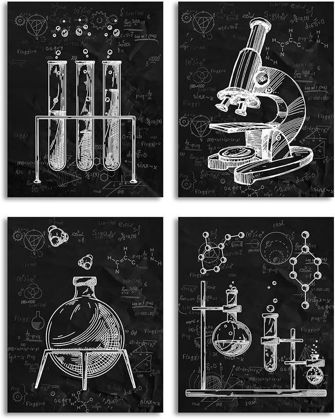 Chemistry Wall Art,Black and White Science Explore Poster 8x10Inch | Science Classroom Poster for Laboratory Kids Playroom Bedroom Classroom Bulletin Board Art Print Set of 4 Unframed