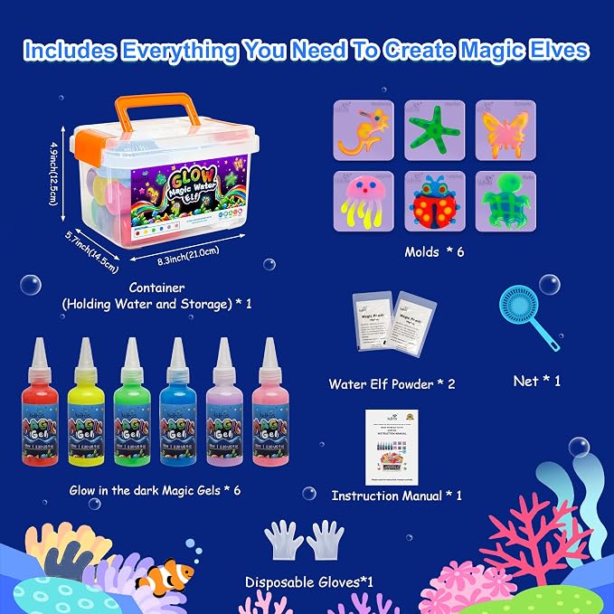 Kiditos Glow-in-the-Dark Magic Water Elf Toy Kit for Kids, DIY Craft Kit | 6 Gels & 6 Molds, Magic Aqua Fairy Water Gel Kit, STEM Science Activity, Party Favors & Birthday Gifts for Kids Ages 3+