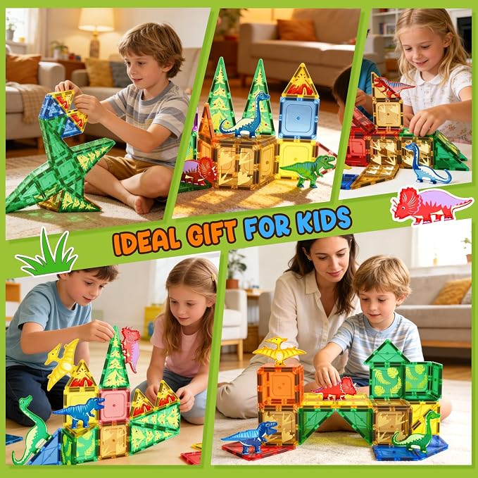 Dinosaur Toys Magnetic Tiles - Magnet Building Blocks for Toddler Kids 3+ | Dinosaur World Creative Games Set For Kids 3+, Great Kids Toys Gift For Boys & Girls, Ideal Set For STEM and Sensory Play