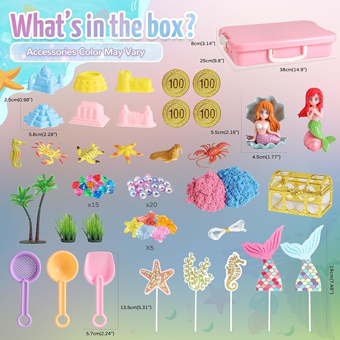 KNASON Mermaid Sensory Bin, Play Sand Kit for Girls and Boys Ages 3 4 5 6 7 | Mermaid Toys, 2.2lbs Sensory Play Colored Sand, Sandbox with Lid, Treasure Chest with Gems, Gift for Kids Ages 3 4 5 6 7 8