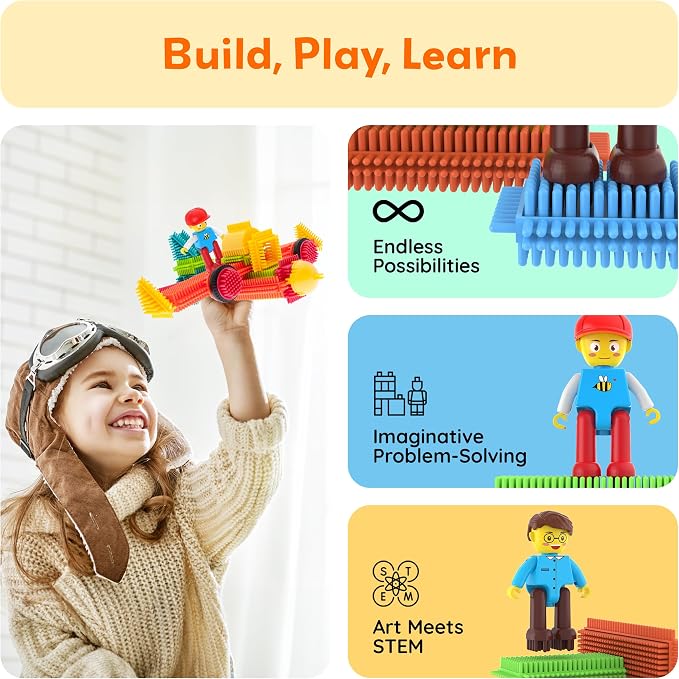 Picasso Toys Hedgehog Blocks 4 Family Action Character Figures Toddler Toy Construction Building Tile Block Expansion Pack Educational Add-on STEM Learning Smart Game Kit Toys Pretend Playset Age 3+