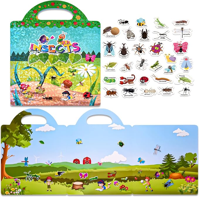 ASTARON Reusable Puffy Sticker Book，88 pcs Insects Stickers Educational Toy | 88 pcs Reusable Sticker,Waterproof Jelly Stickers, Portable Travel Toys,Educational Sensory Learning Toy,Gift for Boy Girl