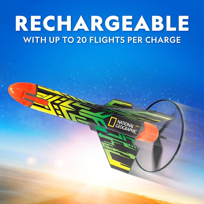 National Geographic Motorized Rocket Launcher for Kids Ages 8-12 | Launches Up to 200 Feet, Rechargeable Motor, 3 Flight Settings, Safe Helicopter Landing, Outdoor Space Toy, Birthday Gift