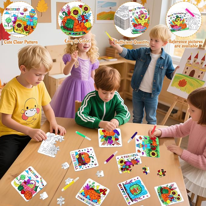 Thanksgiving Fall Crafts for kids, Autumn Art Activity DIY Blank Puzzle Toy | 24 Set Thanksgiving Craft Pumpkin Turkey, Fall Classroom Gift for Toddler Adult Party Favors Coloring Game Supplies Bulk